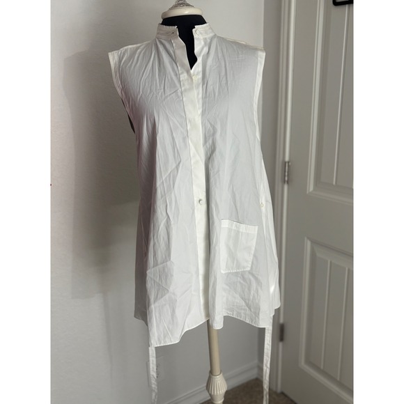Helmut LangWhite Sleeveless Top Tunic Shirt Dress Tie Back Mandarin CollarPocket - Picture 4 of 16